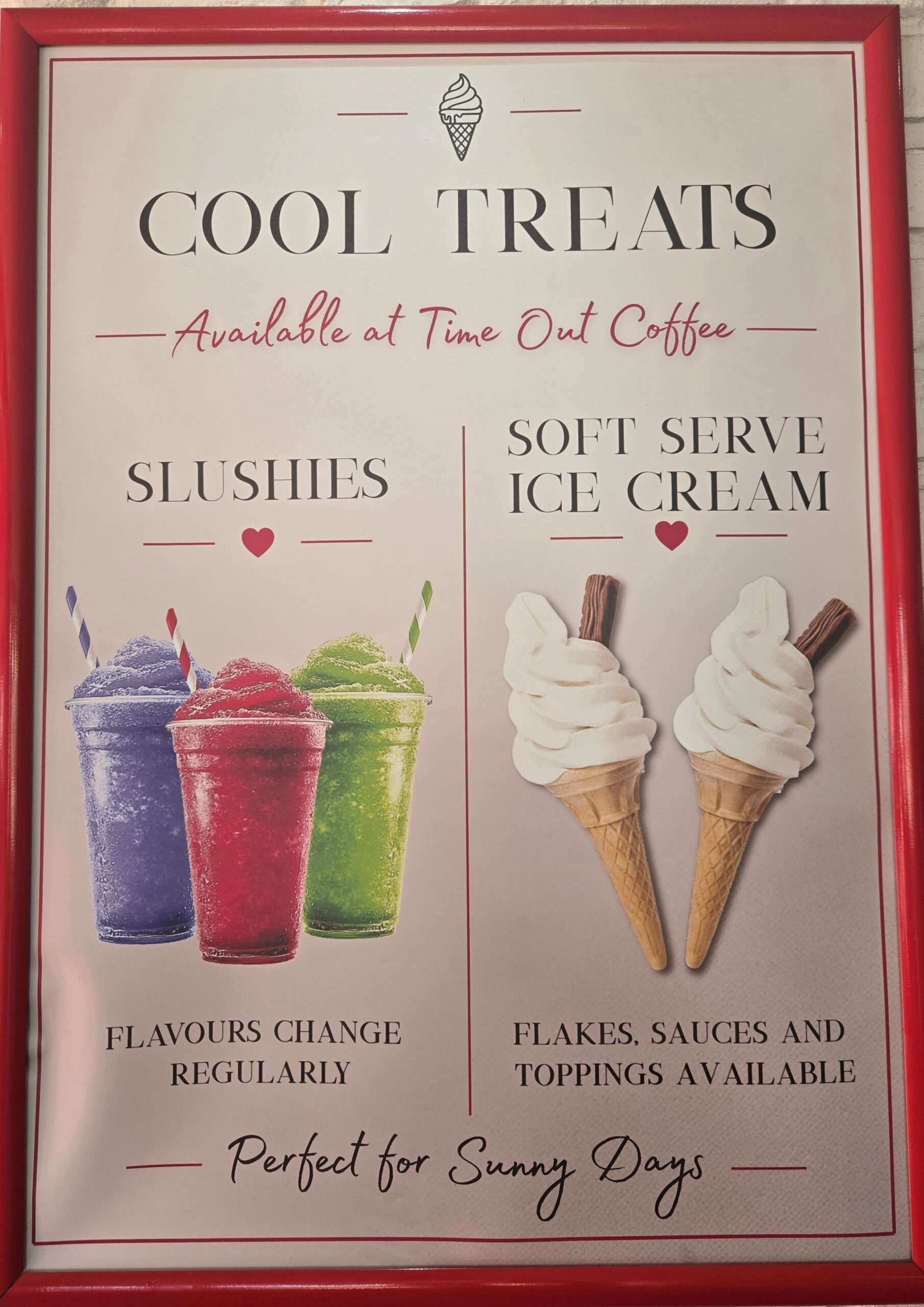 Menu display at Time Out Coffee and Food in Diss, showcasing chilled drinks, slushies and soft ice cream available for customers.