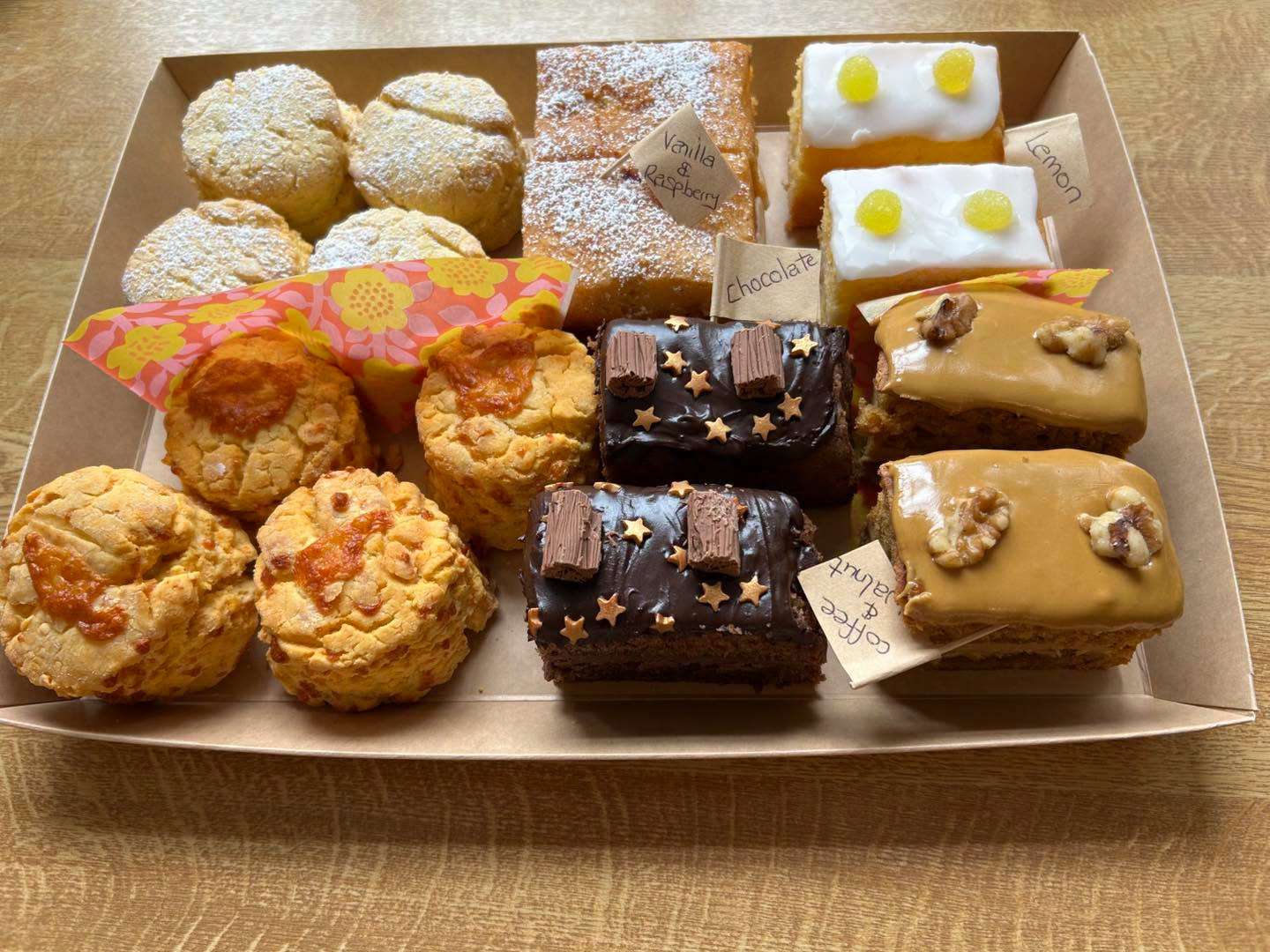 Selection of homemade cakes, traybakes, scones and sweet treats available at Lincoln's Tea & Coffee House in Hingham.