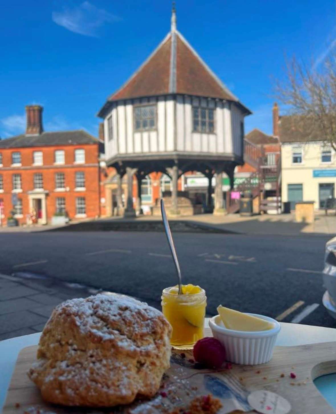 View through the front window of Mad Hatters tea room in Wymondham market place.