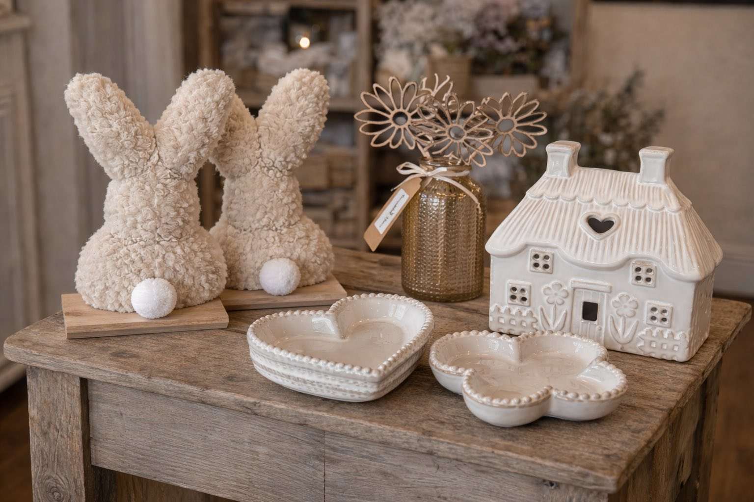 Decorative home accessories including ceramic dishes, ornamental rabbits, a vase and decorative house ornaments displayed in Beeyutiful Home and Gifts Aylsham