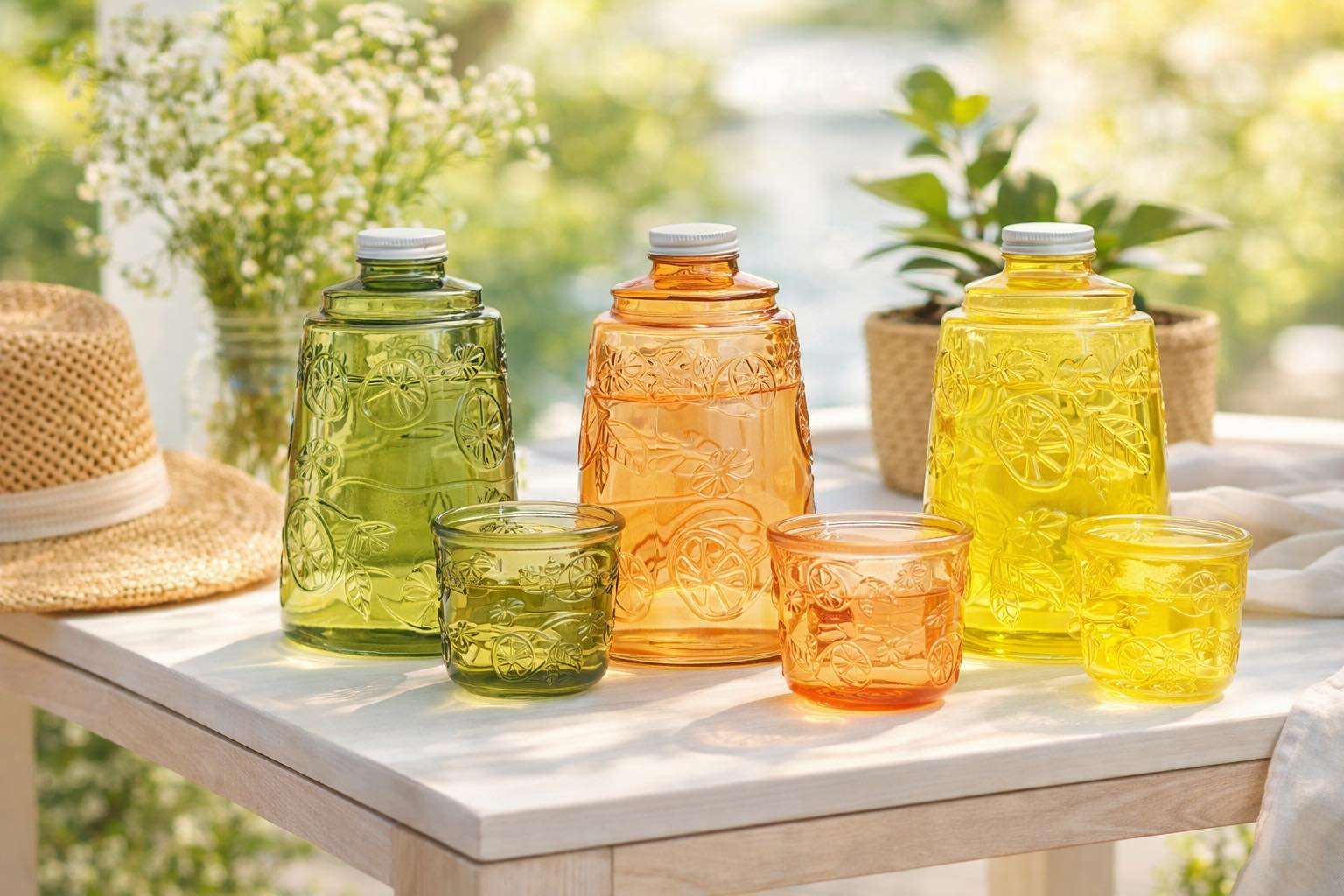 Colourful embossed glass jars and tea light holders in green, amber and yellow displayed on a table in natural light.