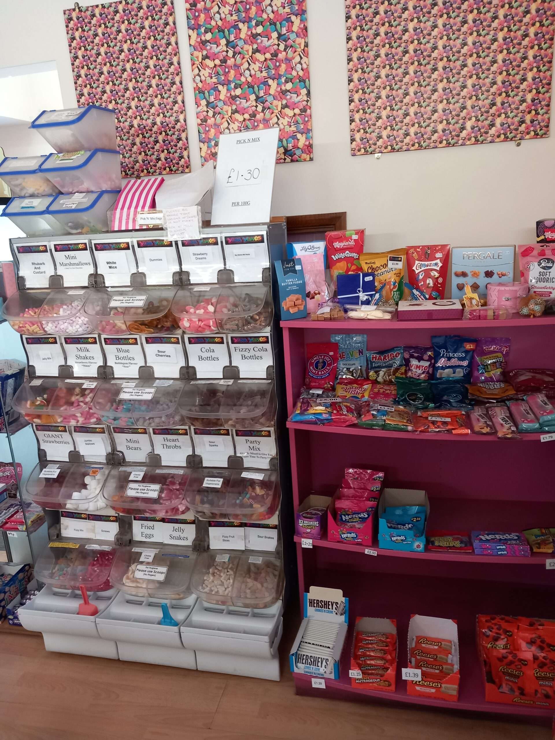 Colourful display of sweets, gifts and local products inside Yum Yums sweet shop