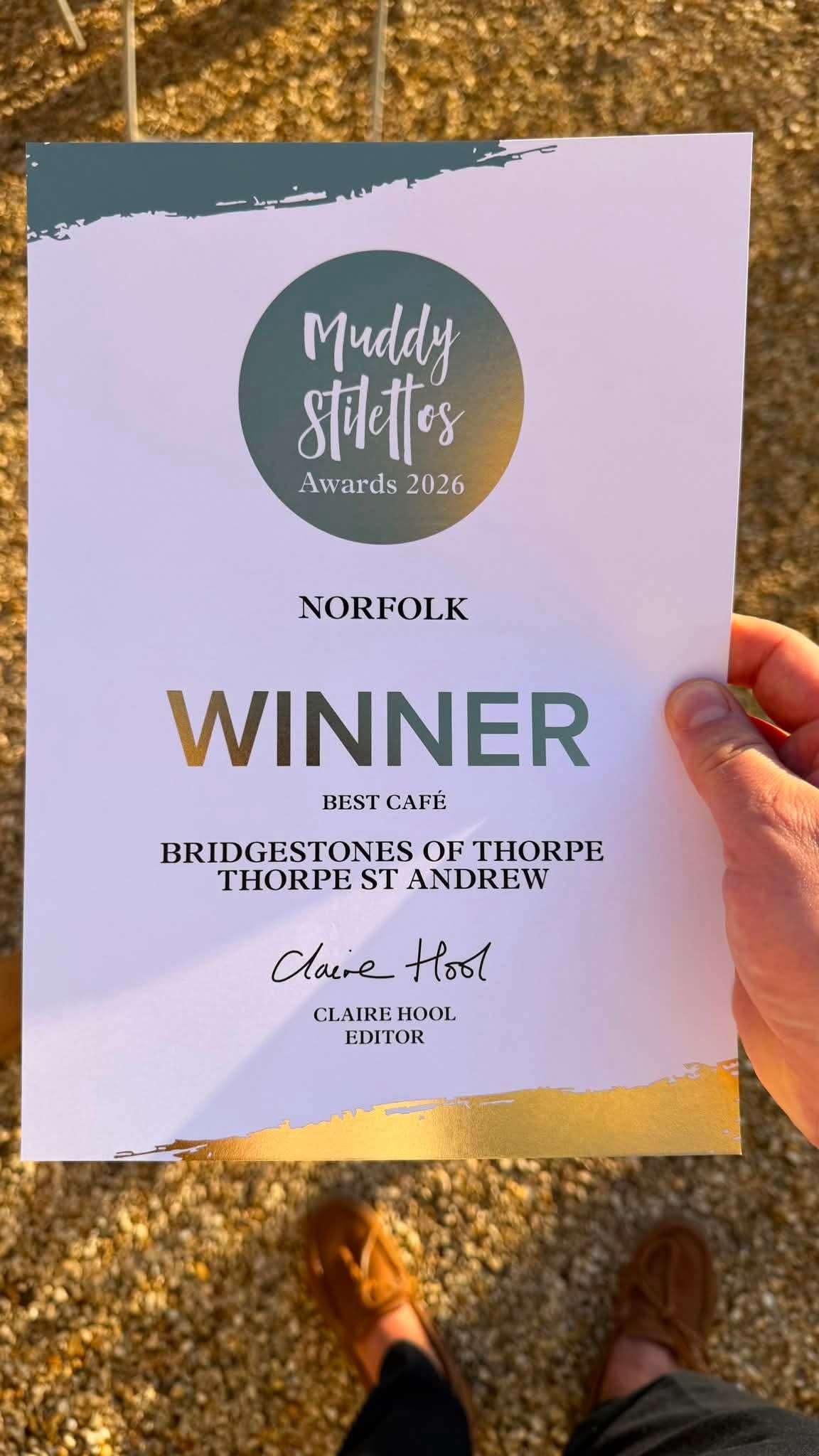 Muddy Stilettos Awards 2026 winner certificate for Bridgestones of Thorpe, Thorpe St Andrew, Norfolk.
